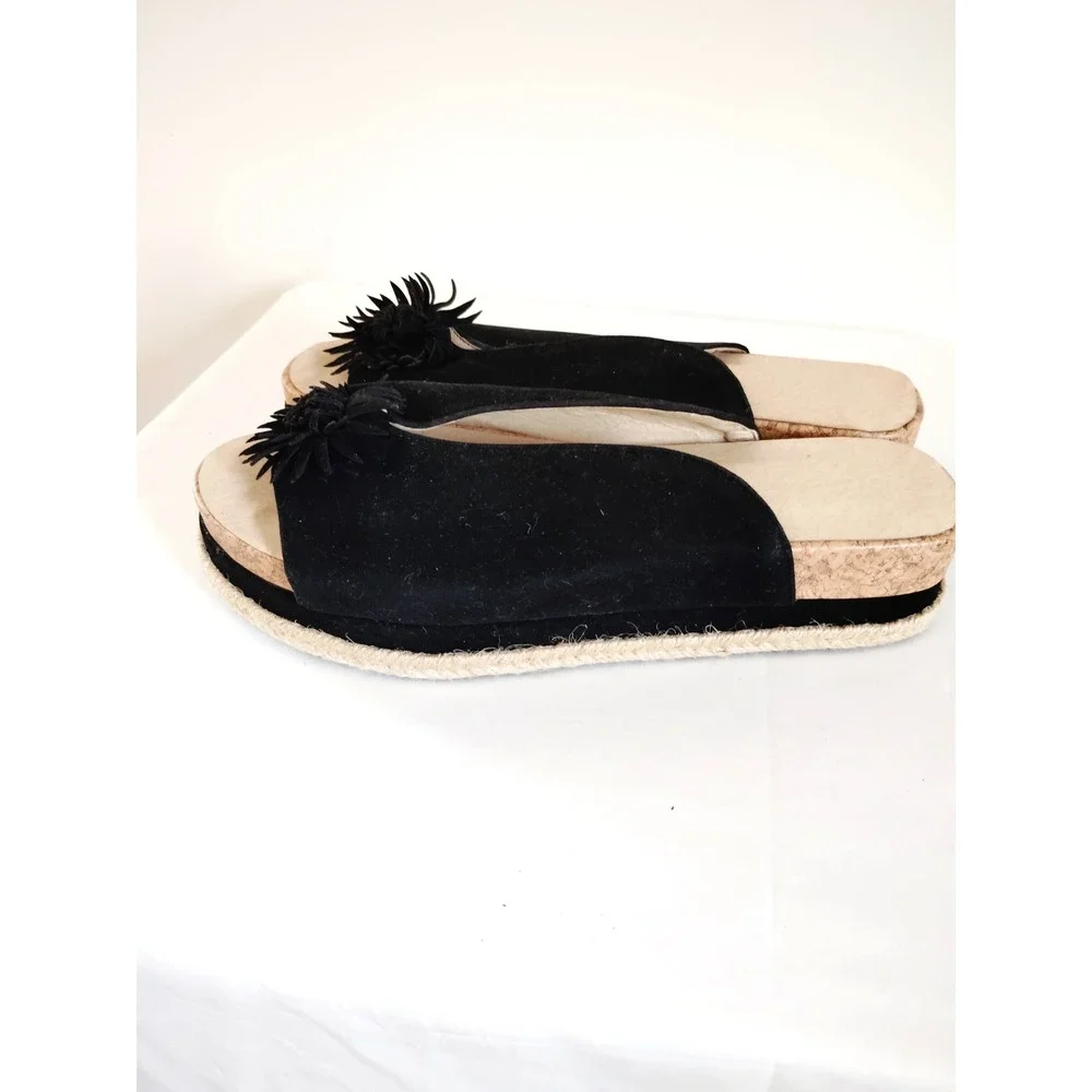 Women 10 Black Slip‑On Flower Cork Platform Gothic Boho Sandals   Woven Sole EUC